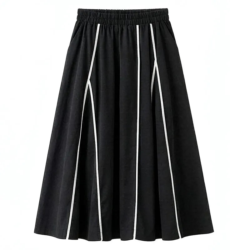 Elastic Waist Striped A-Line Midi Skirt
