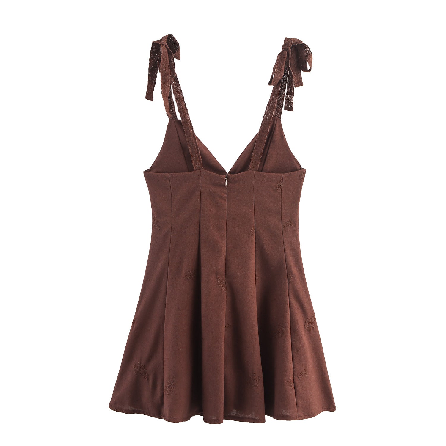 Dark Brown Embroidered Tie-Strap A-Line Mini Dress