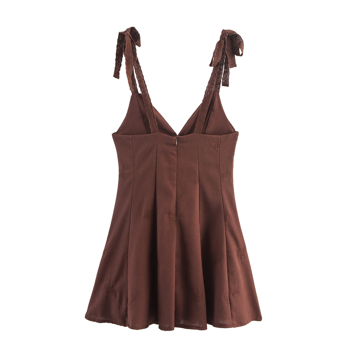 Dark Brown Embroidered Tie-Strap A-Line Mini Dress