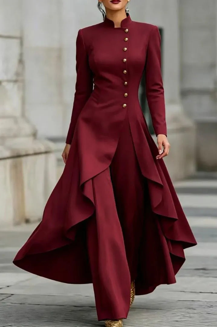 White Stand Collar Long Sleeve Gold Button Skirted Pant Suit