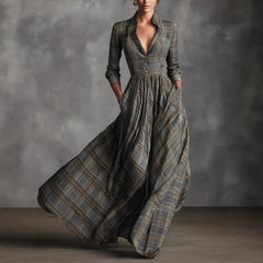 Grey Tartan Plaid Maxi Dress for Elegant V Neck Stand Collar Waist Fit Flare Long Dress