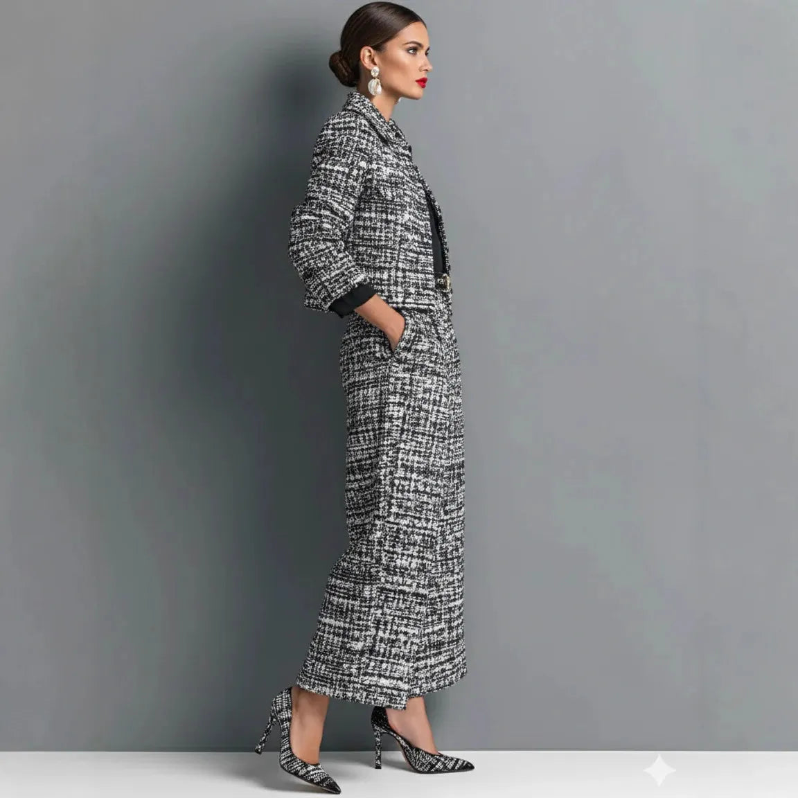 Tweed Cropped Blazer & Wide Leg Pants Two Piece Set