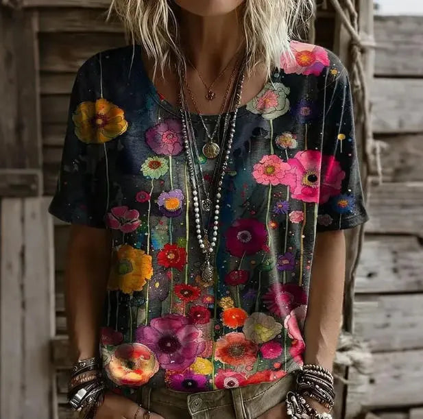 3D Color Block Print V Neck Rolled Short Sleeve Casual Tee