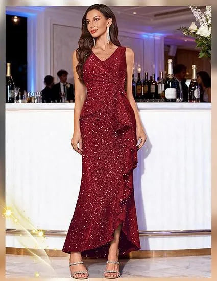 Sleeveless V Neck Sequin Maxi Dress, Ruched Ruffle Split Hem Formal Evening Gown