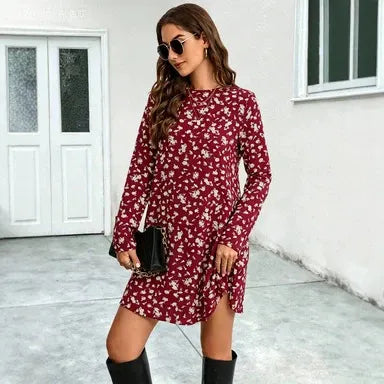 Round Neck Ditsy Floral Long Sleeve A-Line Mini Dress Slim Mid Waist Casual Campus Daily Dress
