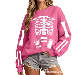 Halloween Skeleton Food Print Crew Neck Sweatshirt