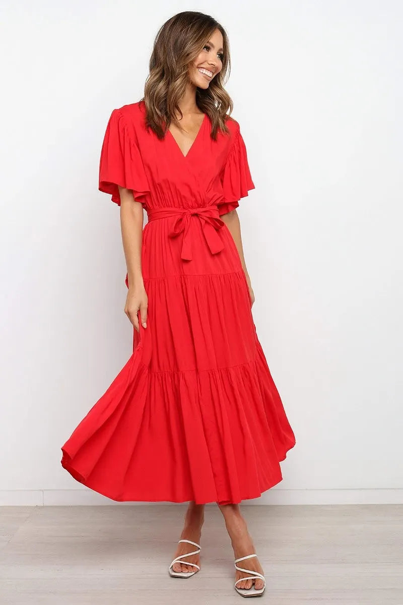 V Neck Flutter Short Sleeve Belted Tiered Maxi Swing Dress