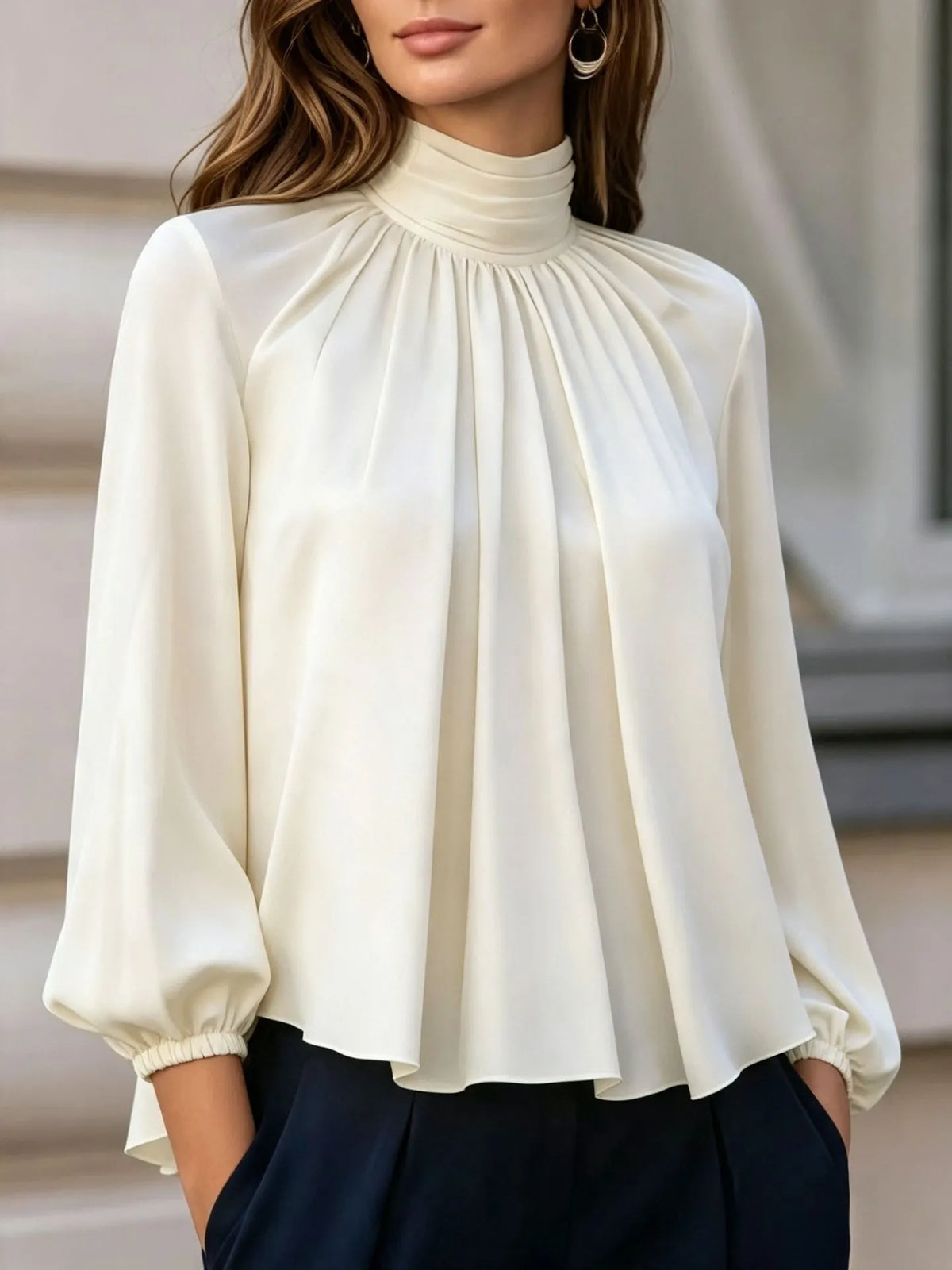 Mock Neck Pleated Chiffon Blouse Long Puff Sleeve Elegant Loose Work Shirt