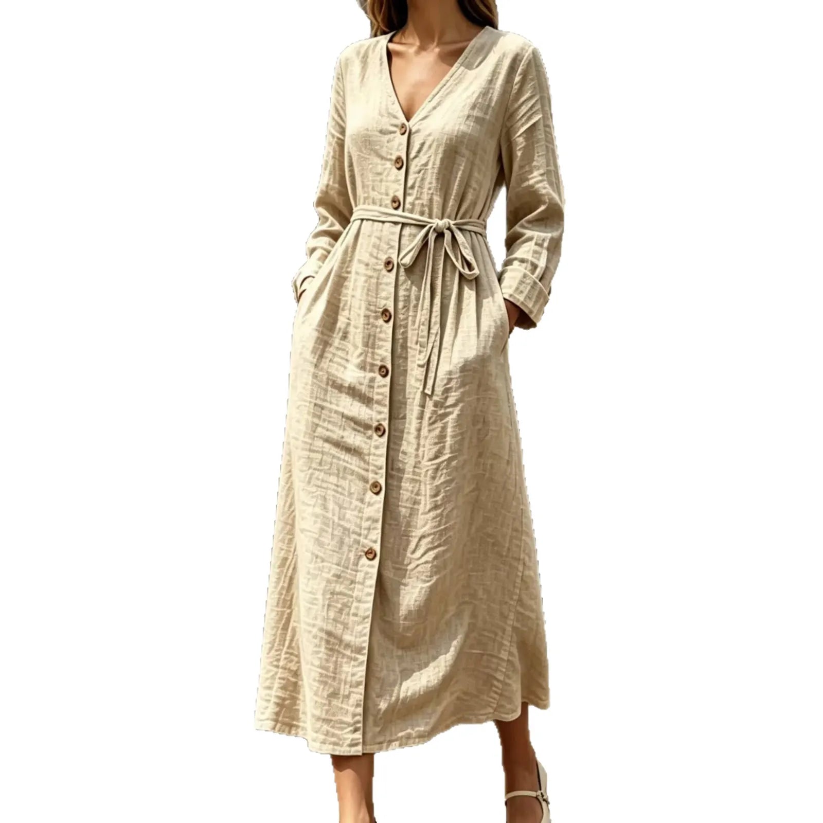 V Neck Long Sleeve Lace-Up Cotton Linen A-Line Maxi Dress