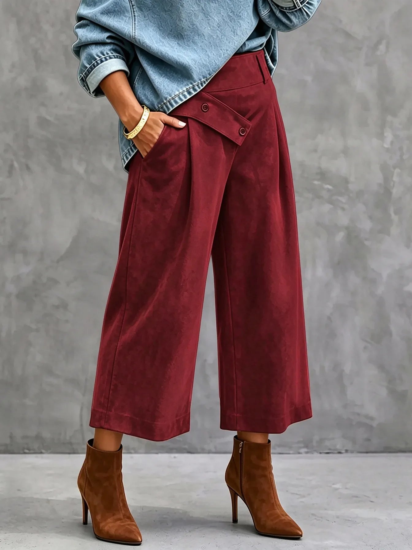 High Waist Wide Leg Trousers, Cross Over Asym Waist Pleated Black Casual Pants
