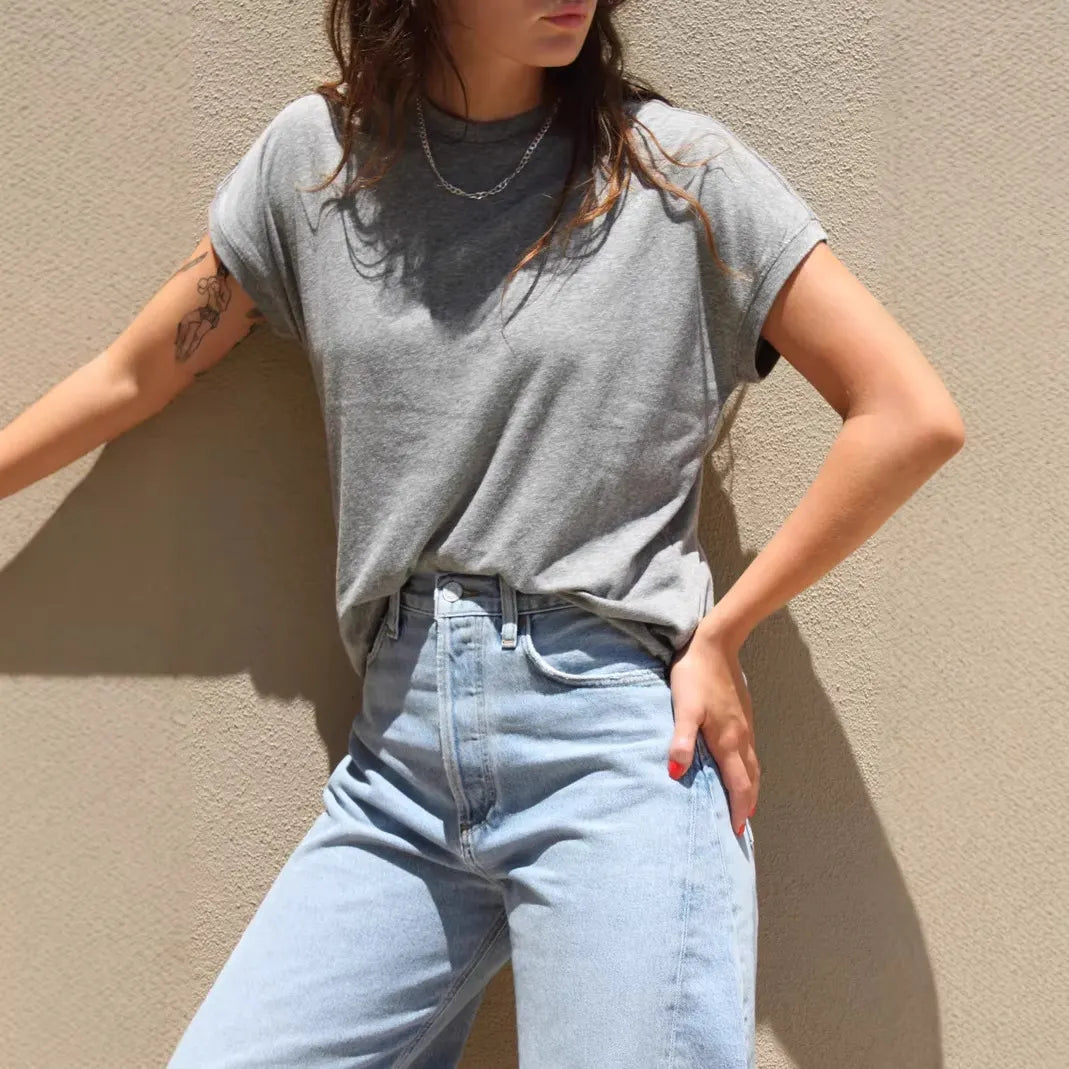 Solid Color Round Neck Short Sleeve Loose Casual T-Shirt