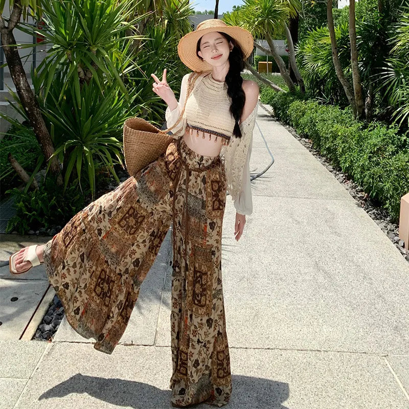Vintage Ethnic Print High Waist Wide Leg Long Pants