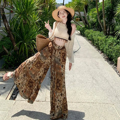 Vintage Ethnic Print High Waist Wide Leg Long Pants