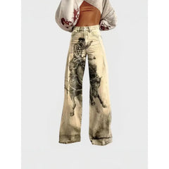 High Waist Western Cowboy Horse Print Wide Leg Pants