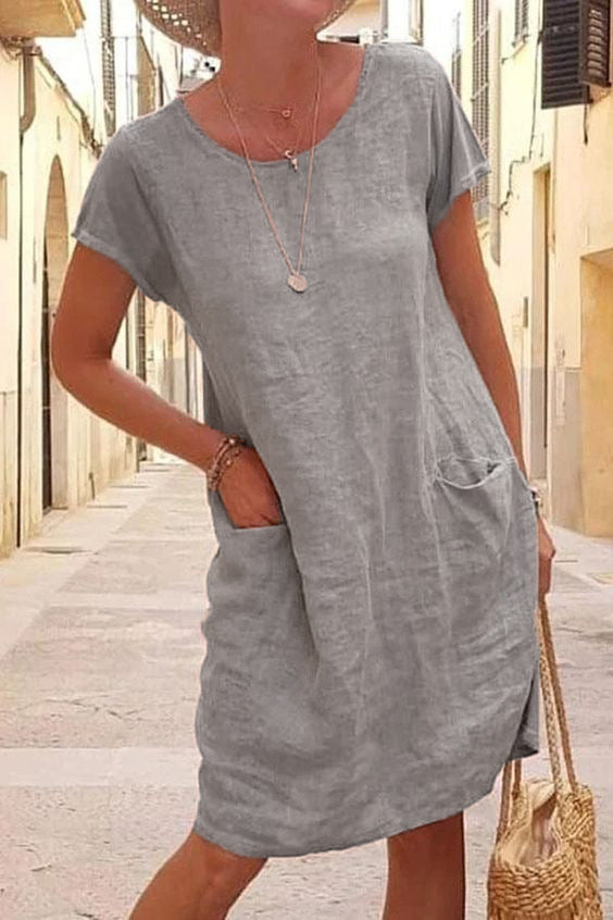 Solid Color Cotton Linen Short Sleeve Midi Dress,