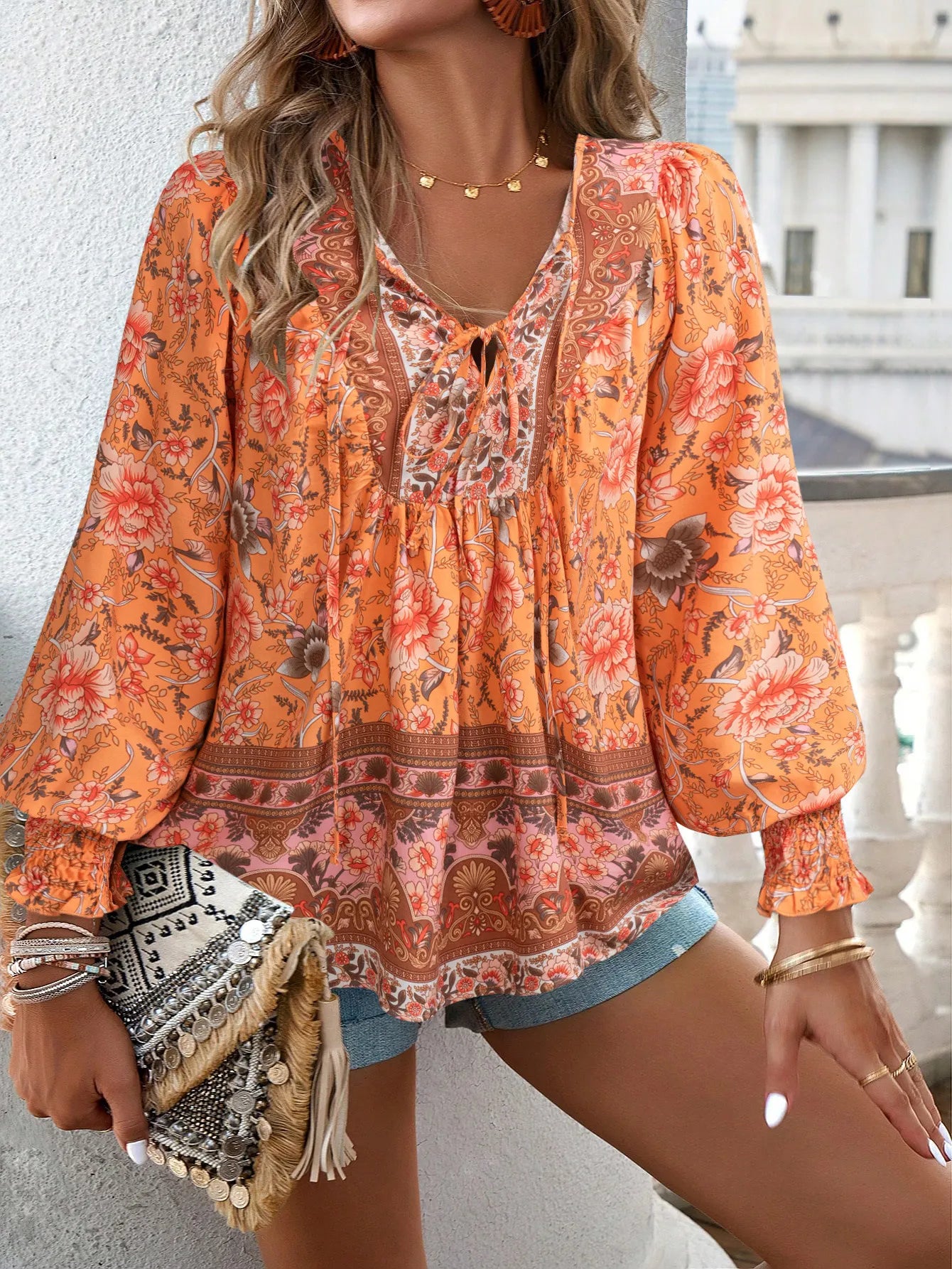 Boho Floral V-Neck Long Sleeve Loose Blouse