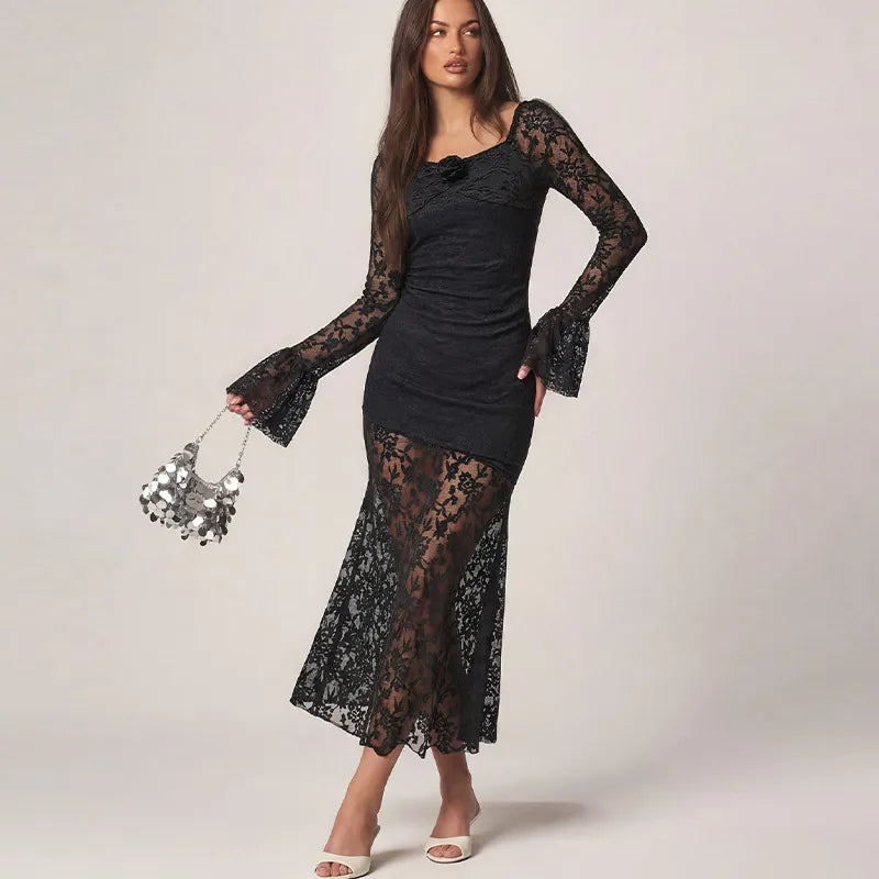 Black Lace Flare-Sleeve Midi Dress