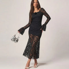 Black Lace Flare-Sleeve Midi Dress