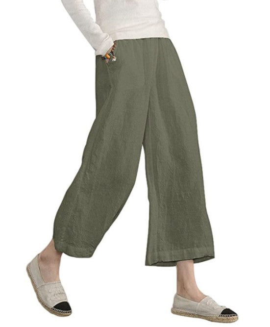 Navy Elastic High Waist Linen Cropped Wide Leg Pants