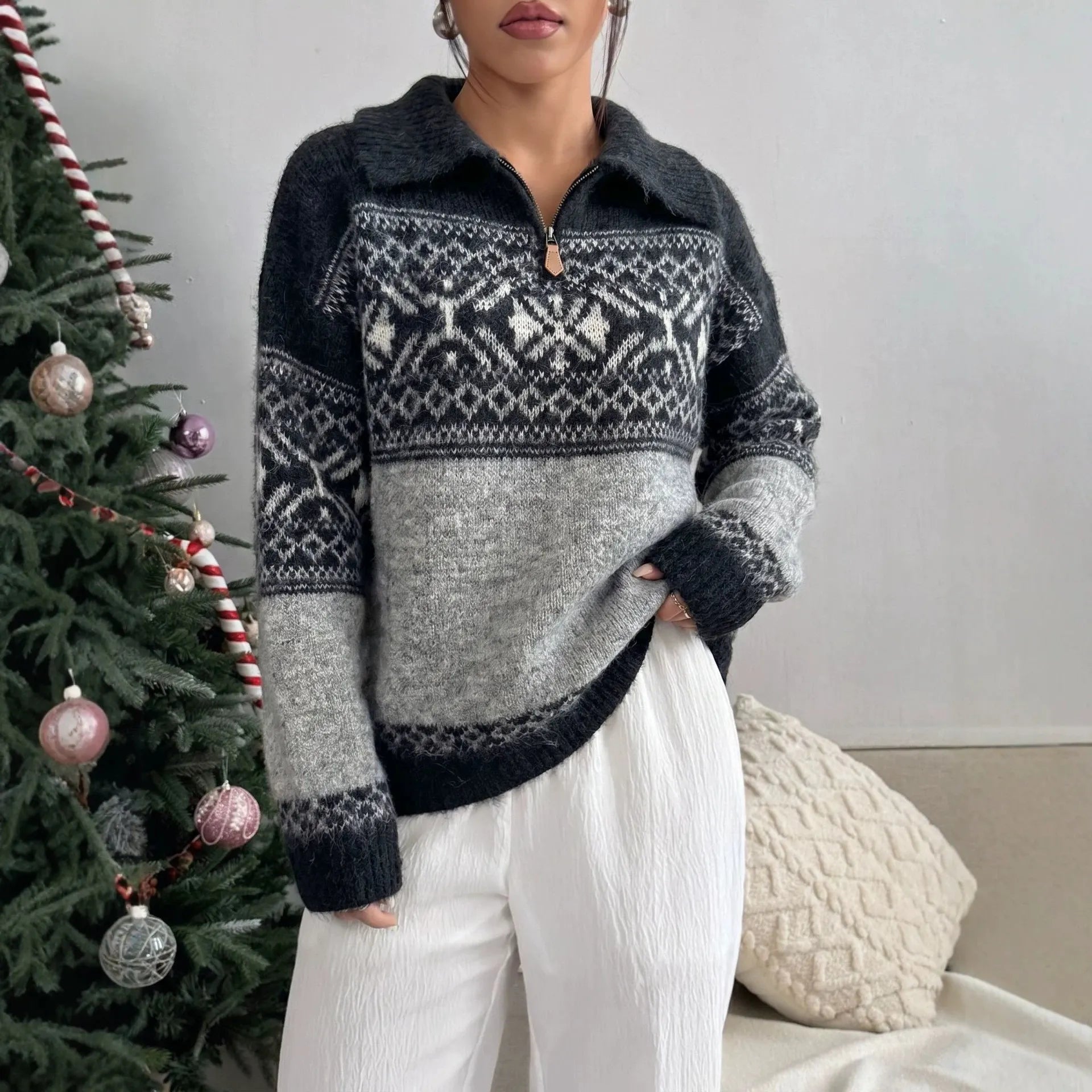 Retro Fair Isle Knit Sweater, Half Zip Lapel Collar Winter Pullover