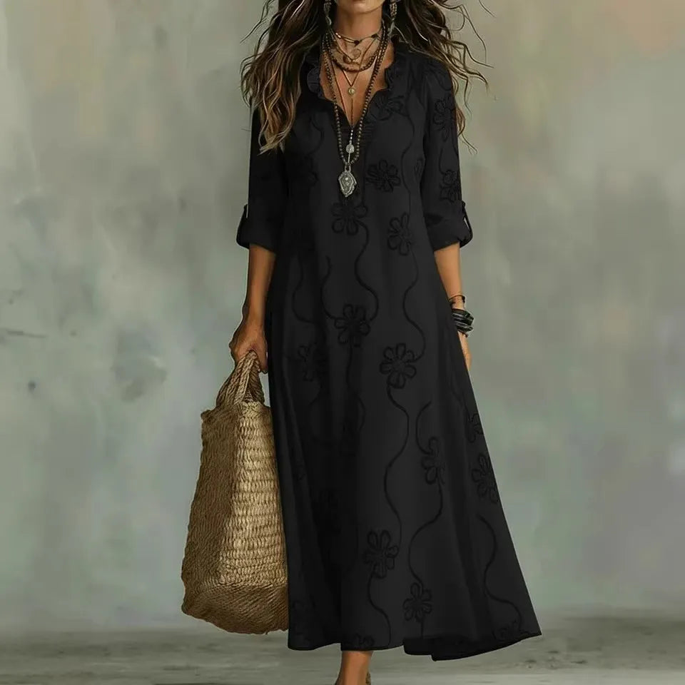 Solid Color Embroidered V-Neck Lantern Sleeve Loose Maxi Dress