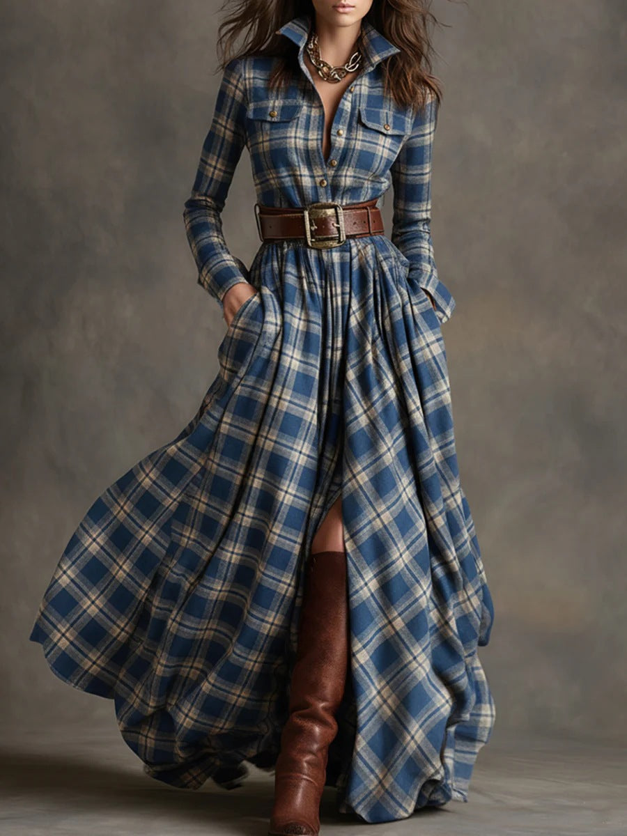 Vintage Western Tartan Plaid Maxi Dress for Collared Long Sleeve Flowy A Line Shirt Dress