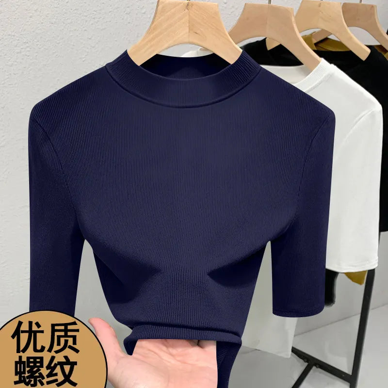 Solid Color Half High Neck Medium Sleeve Slim Fit T-Shirt