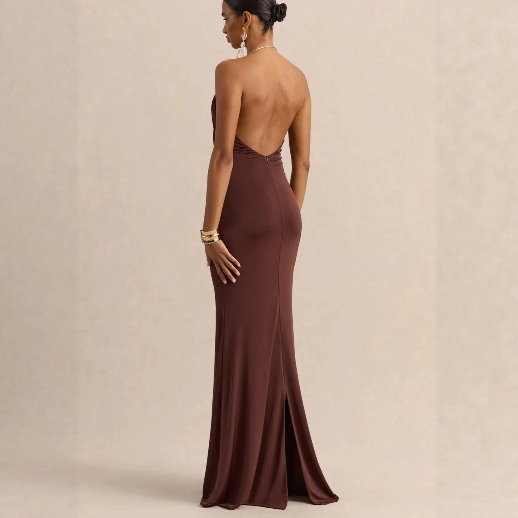 Solid Color Halter Neck Ruched Mermaid Maxi Dress