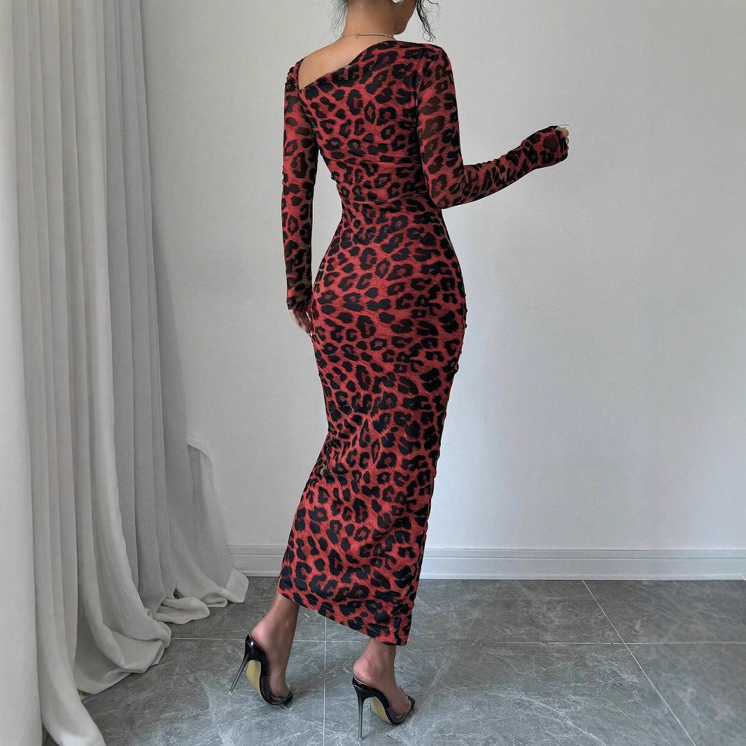Leopard Print Mesh Midi Dress