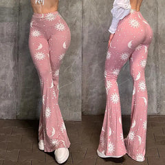 High Waist Sun Moon Print Flared Casual Pants