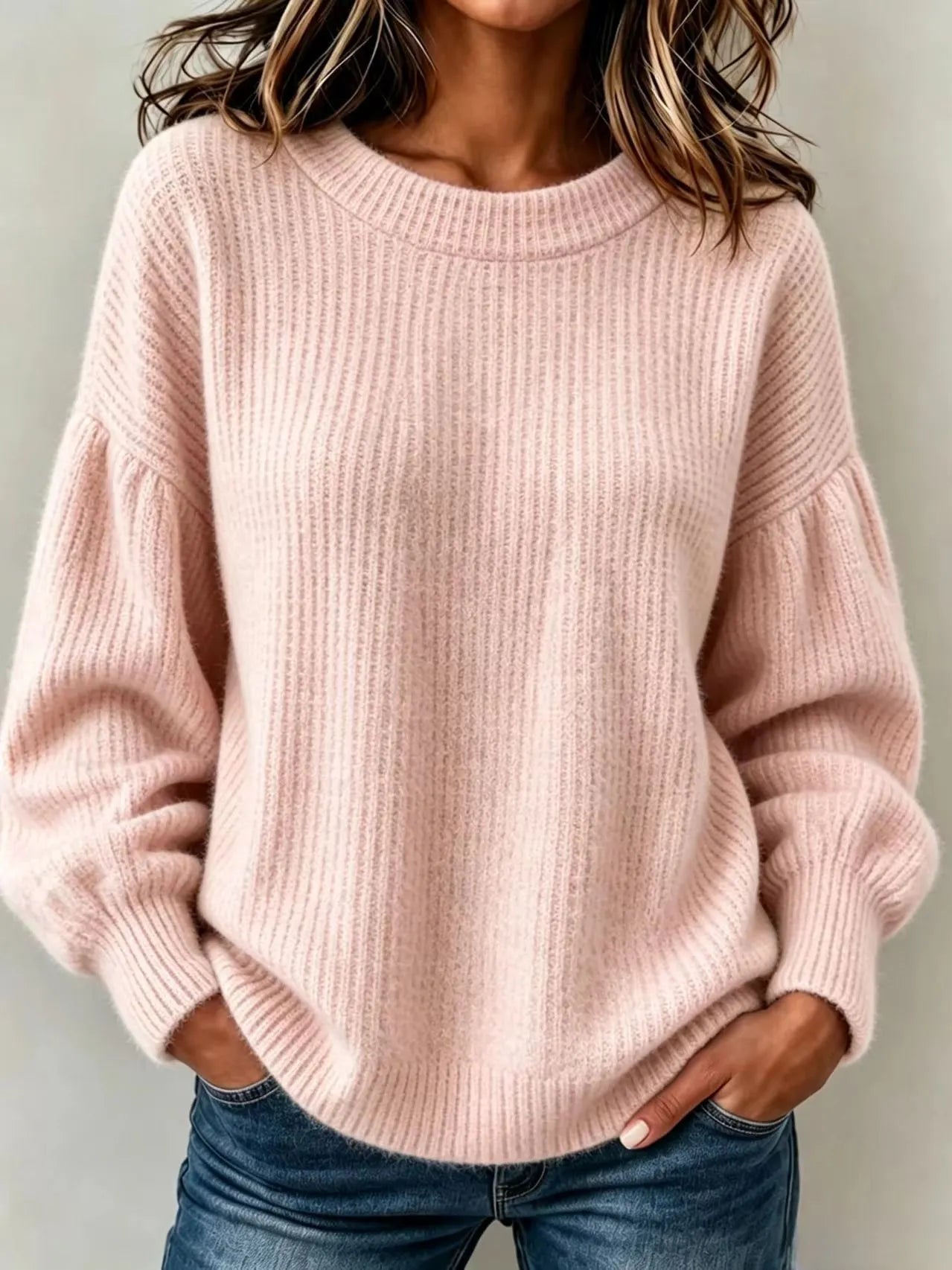 Balloon Sleeve Ribbed Hem Casual Knit Top
