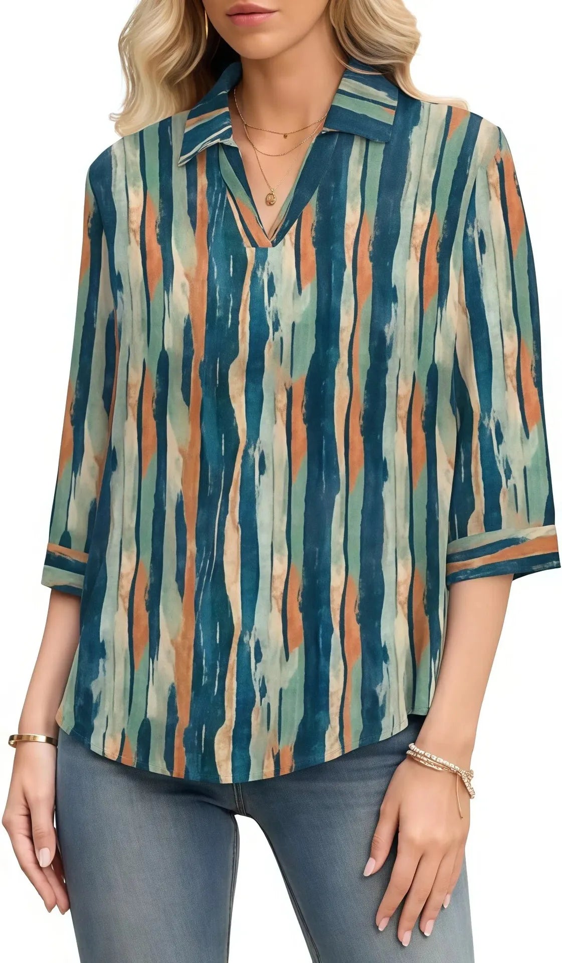 Abstract Floral Print Lapel Collar 3/4 Sleeve Four-Way Stretch Commuter Blouse