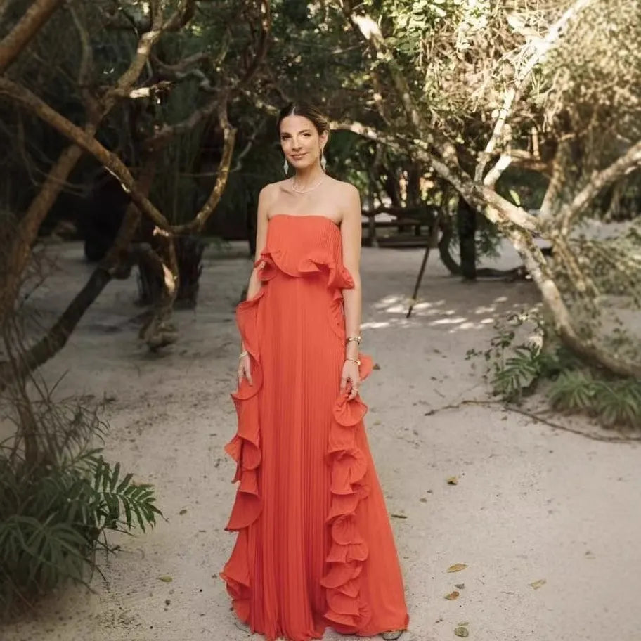 Strapless Ruffle Pleated Maxi Evening Dress