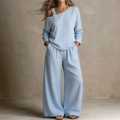 Buckle Detail Cold Shoulder Top Wide Leg Linen Pants Set