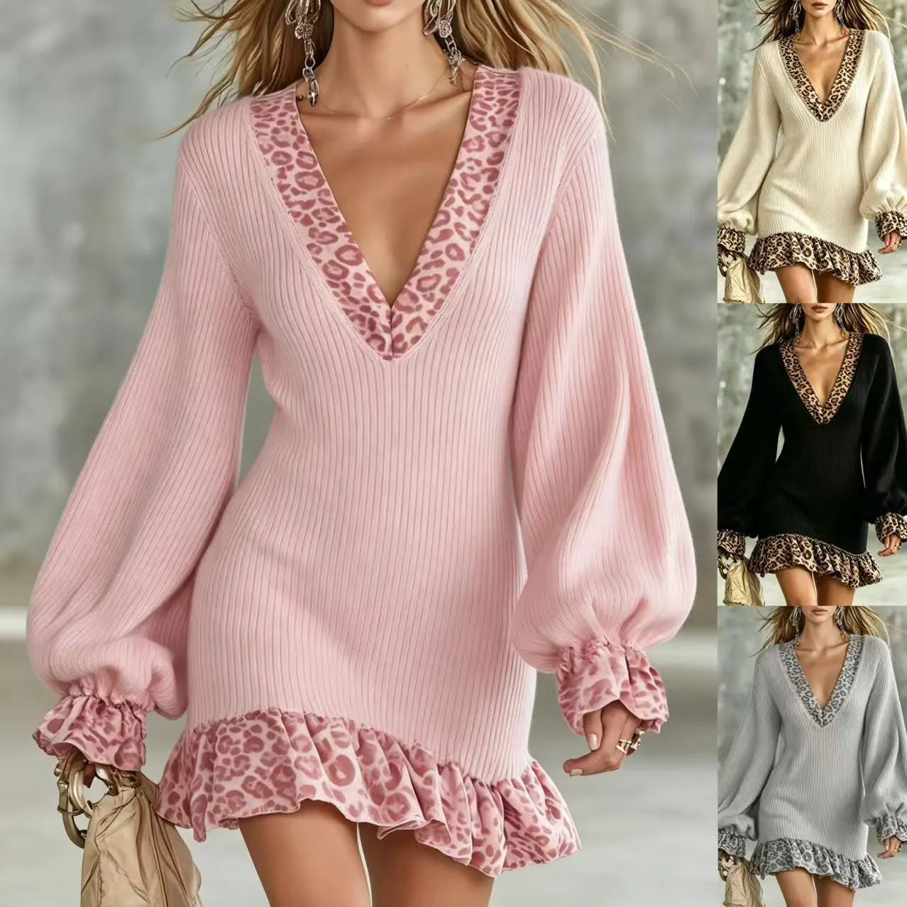 Deep V Lantern Sleeve Leopard Print Ruffle Knit Mini Dress