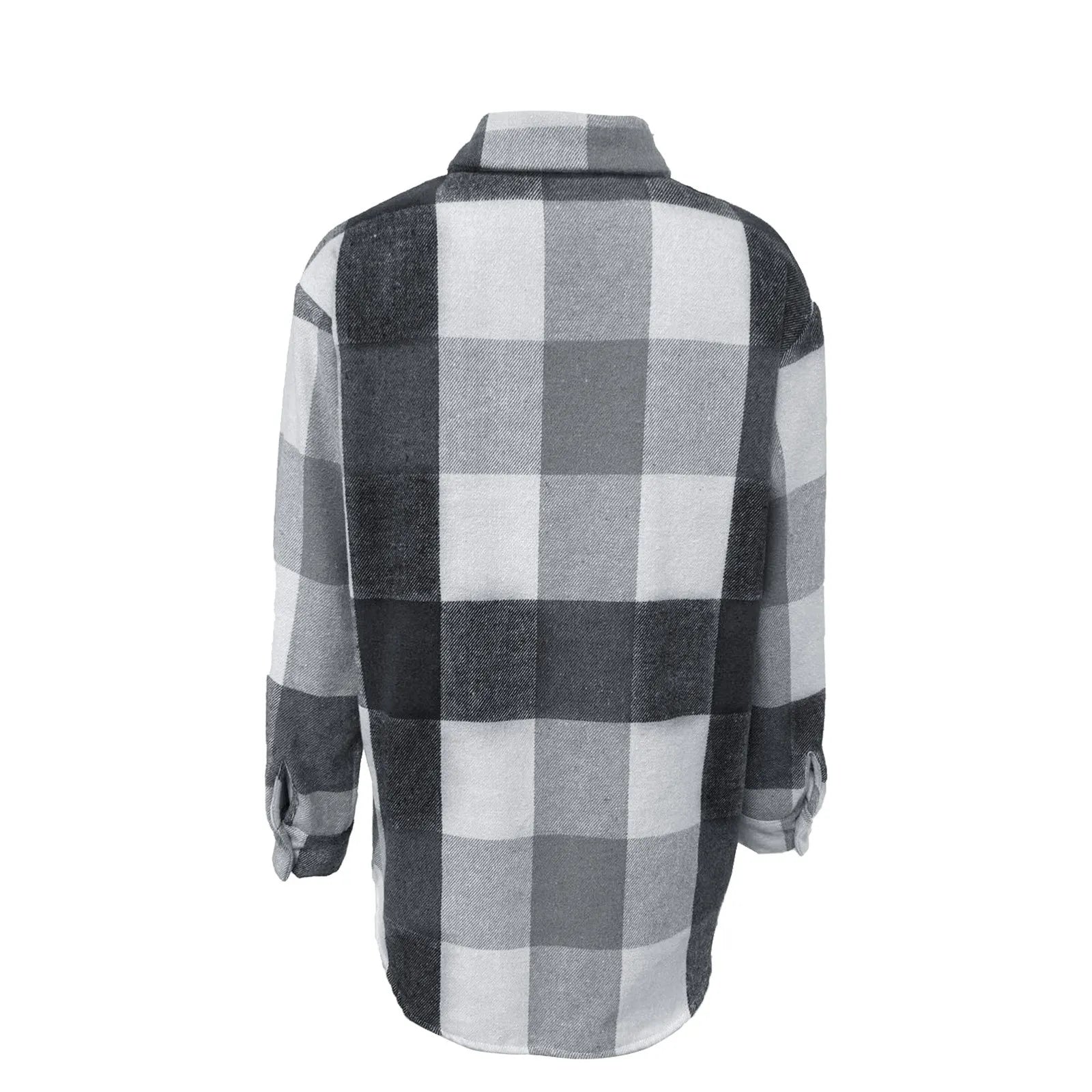Grey Black Check Shacket, Loose Long Sleeve Plaid Shirt Jacket for Autumn
