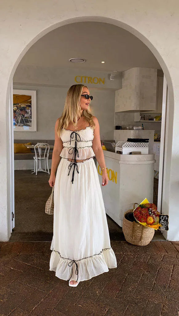Cream Lace Trim Two-Piece Set, Ruffled Cami Top & Maxi Skirt