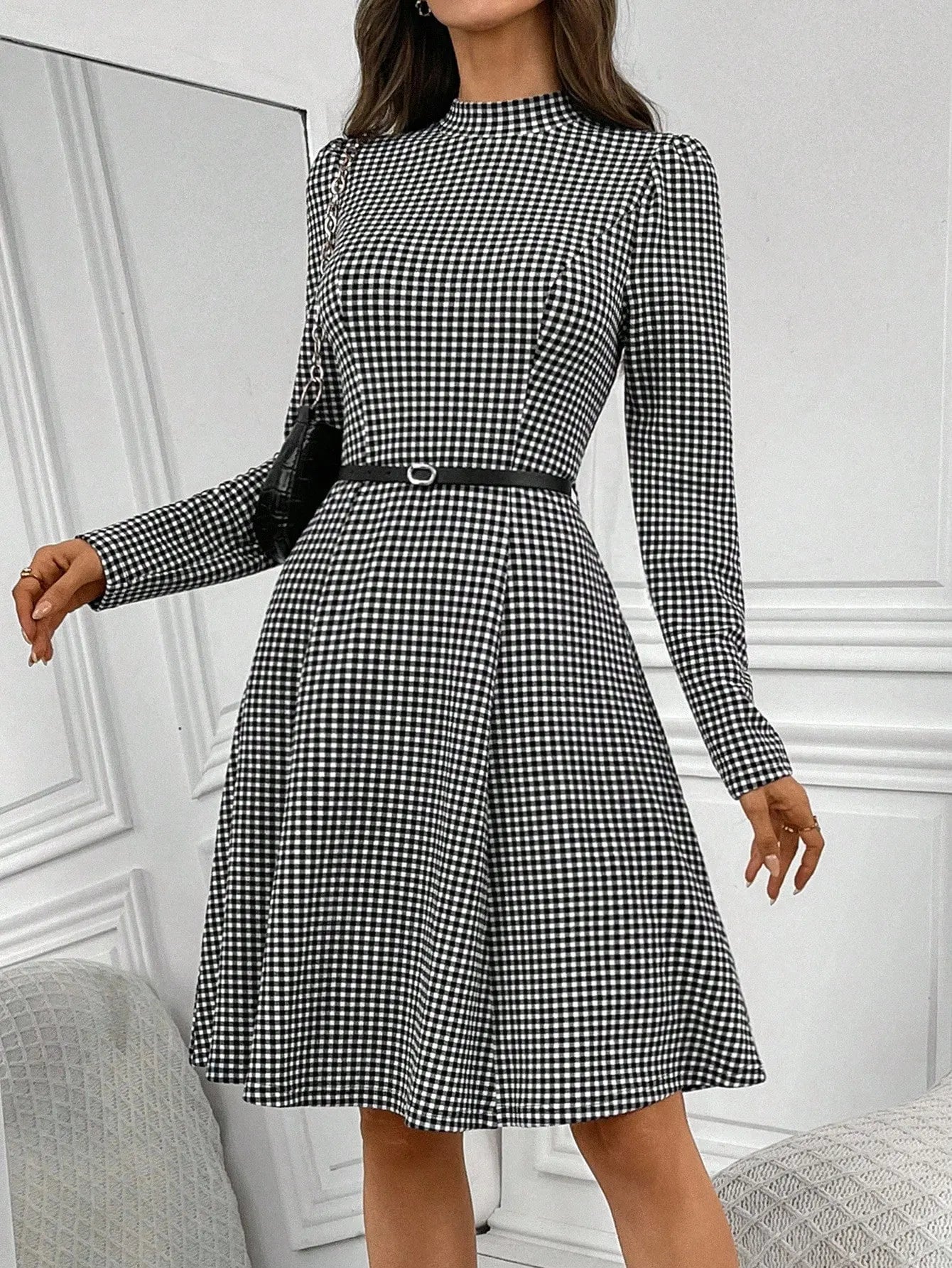 Gingham Stand Collar A-Line Mini Dress