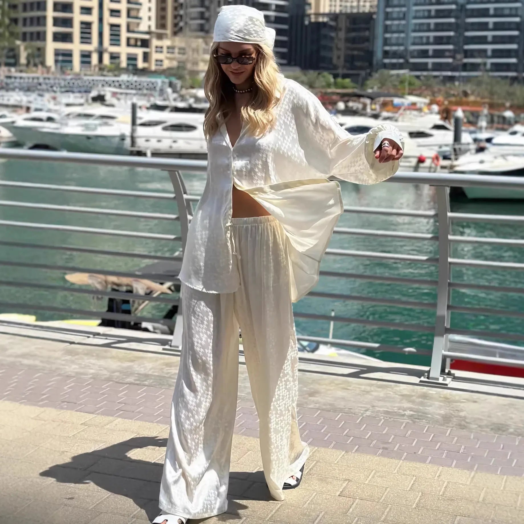Jacquard Satin 3 Piece Set Oversized Shirt Tube Top Elastic Waist Wide Leg Pants