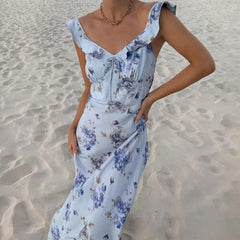 Yellow Floral Spaghetti Strap V-Neck Maxi Dress
