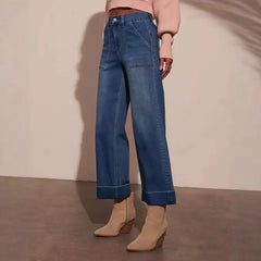 Casual Patch Pocket Wide Leg Denim Pants