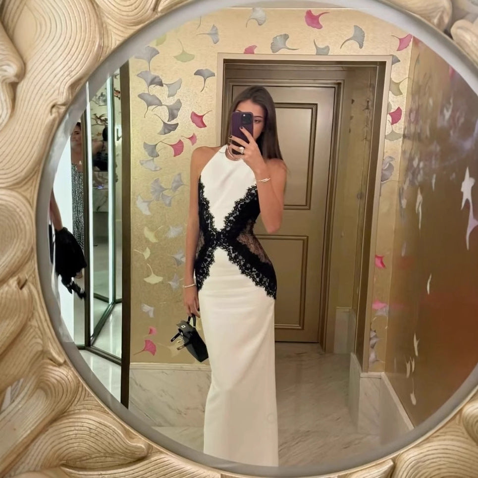 White & Black Lace Maxi Dress, Halter Neck X-Cutout Bodycon Formal Gown