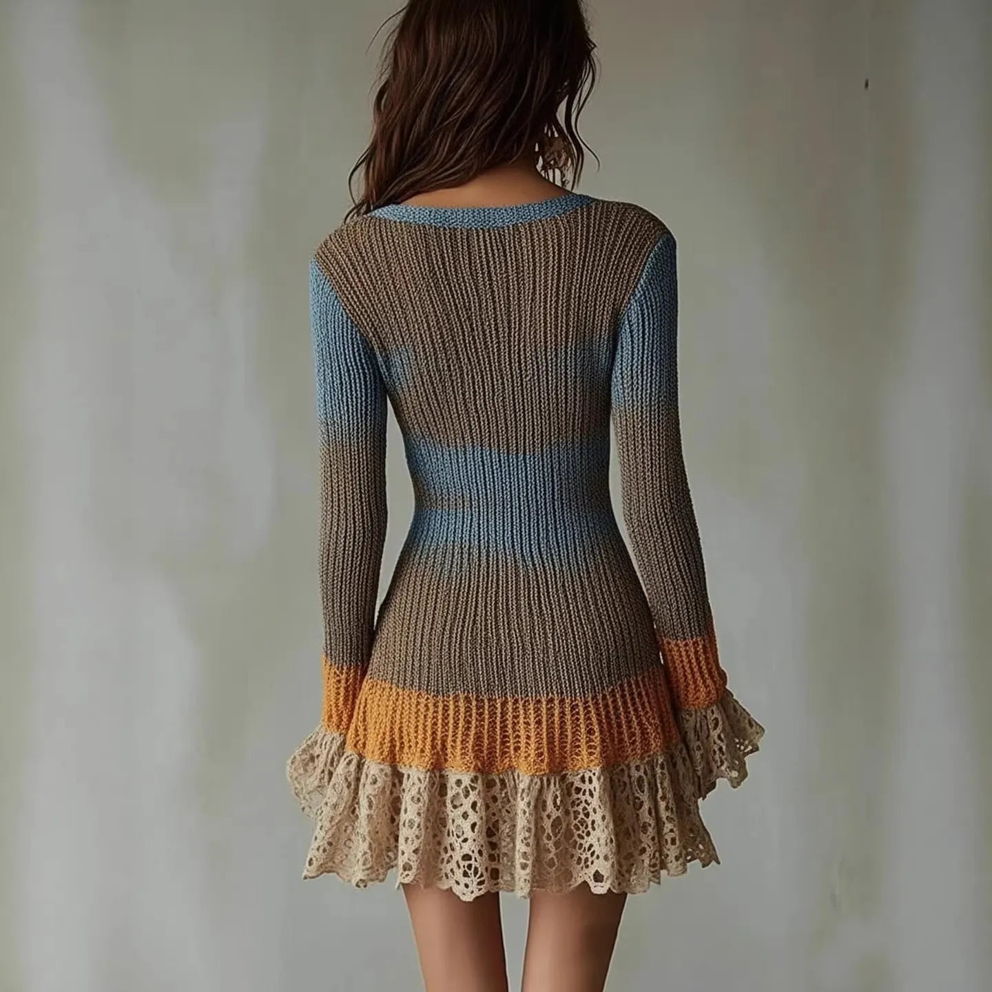 Color Block Deep V-Neck Long Sleeve Lace Hem Knitted Mini Dress