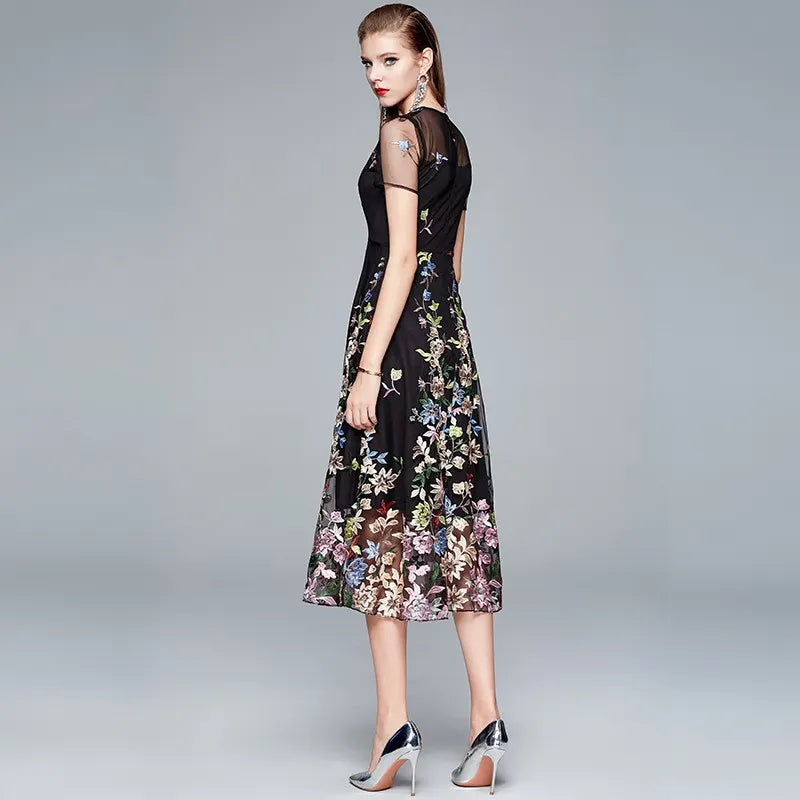 Beige Floral Embroidered Midi Dress, Sheer Short Sleeve A-Line Formal Evening Dress