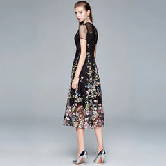 Beige Floral Embroidered Midi Dress, Sheer Short Sleeve A-Line Formal Evening Dress