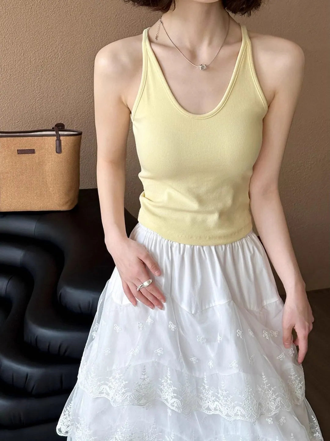 U Neck Thin Strap Ribbed Slim Cami Tank Top