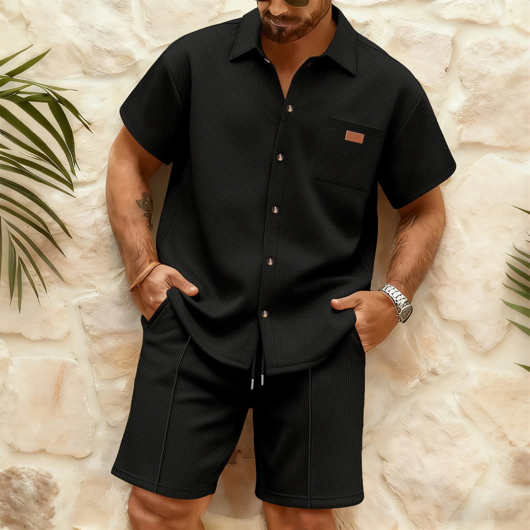Men Lapel Short Sleeve Waffle Shirt Drawstring Shorts Two Piece Casual Suit