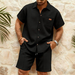 Men Lapel Short Sleeve Waffle Shirt Drawstring Shorts Two Piece Casual Suit