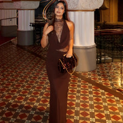 Chocolate Brown Halter Maxi Dress, Lace Cutout Backless Formal Gown