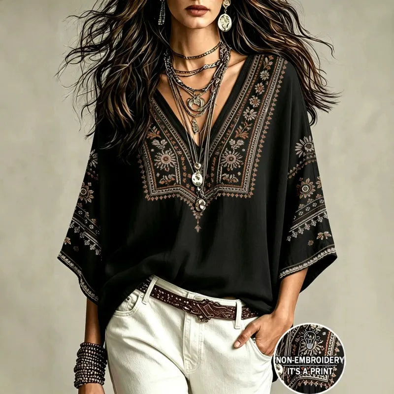 Boho Leaf Print V Neck Blouse | 3/4 Kimono Sleeve Loose Casual Tunic Top